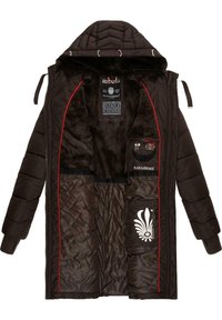 Black padded coat with a quilted pattern, red accents, fur lining, and multiple interior pockets. Features a hood and zip closure.