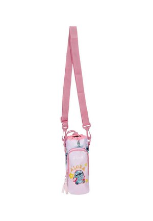 Bolso cilíndrico rosa para el hombro con correa ajustable, con un personaje de dibujos animados y el texto "Aloha" en el bolsillo delantero.