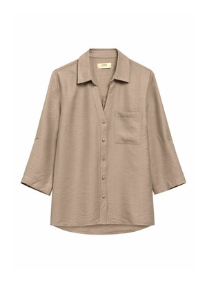Beżowa koszula z długim rękawem na guziki, z przednią kieszenią i kołnierzykiem, wykonana z lekkiego materiału z podwiniętymi rękawami i patkami do przypięcia.