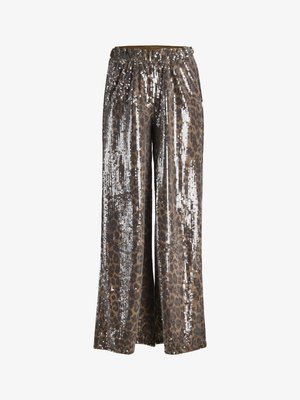 Leopardprint brede broek met een zilveren paillettenstructuur en een elastische tailleband. Heeft een losse pasvorm en een vloeiende uitstraling.