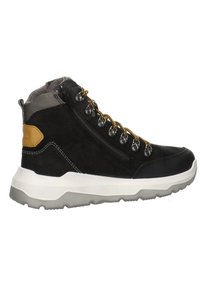 Schwarze Wildleder-Stiefeletten mit grauen Akzenten, weißer Zwischensohle und strukturiertem Außensohl. Verfügt über Metallösen und ein Detail aus braunem Leder an der Ferse.