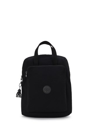 Black backpack made of fabric, featuring a main compartment, front zip pocket, logo patch, and a small monkey charm as an accent.