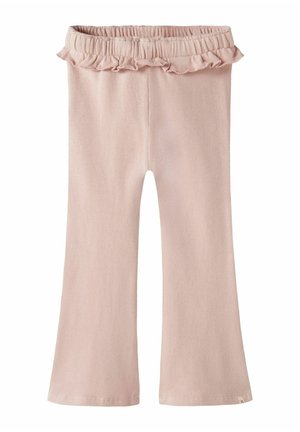 Helle rosa ausgestellte Leggings mit weicher Textur und Rüschensbund. Verfügt über ein dehnbares Material für zusätzlichen Komfort.