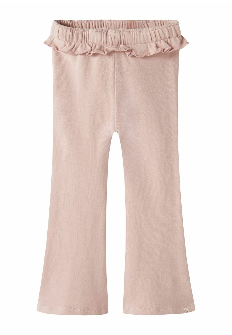 Leggings évasés de couleur rose pâle avec une texture douce et une taille froncée. Dispose d'un matériau extensible pour le confort.