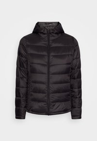 Doudoune noire avec capuche, dotée d'une fermeture éclair, d'un motif matelassé horizontal et d'une texture lisse et brillante.