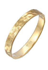Anello in oro con una texture martellata, caratterizzato da una superficie interna liscia e un bordo esterno leggermente irregolare. Contrassegnato con "375" per la qualità.
