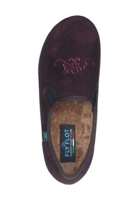 Plush burgundy slipper with embroidered floral design. Soft inner lining and brown, textured edges. Side label reads "FLYFLOT."