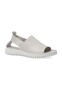 Světlé šedé kožené slip-on boty s otevřenou špičkou, pružným páskem a bílou texturovanou podrážkou s vertikálními rýhami.