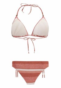 Roze en witte driehoek bikini top met verstelbare strikjes, met een patroontje in rood en wit aan de onderkant, voorzien van strepen en animal print accenten.
