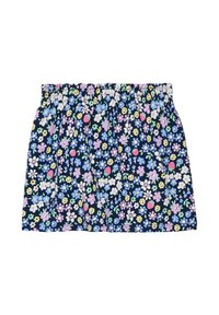 Bloemenprint rok met een geplooide elastische tailleband, met een marineblauwe achtergrond en meerkleurige bloemen en bessenaccenten.