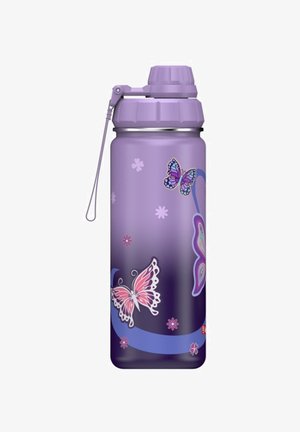 Purple insulated water bottle with a textured finish. Features butterfly and flower designs, a secure screw cap, and a detachable handle.