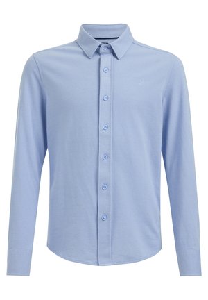 Jasnoniebieska koszula z długim rękawem na guziki, z ostrym kołnierzykiem i subtelnym haftowanym logo na lewym ramieniu.