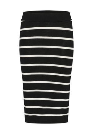 Strikket blyantskirt med horisontale sort-hvide striber, bredt sort taljebånd og glat tekstur.