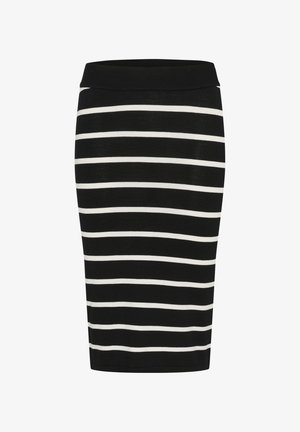 Knit pencil skirt featuring horizontal black and white stripes, with a wide black waistband and smooth texture.