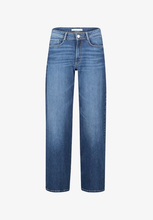 Bredde jeans i blå denim med en ensfarvet finish, fem lommer og en frontknaplukning. Har klassisk syning og en mid-rise talje.