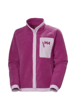 Fleecejack in paars met een lichtroze rits en kraag aan de voorkant. Bevat een borstzak met HH-logo. Zacht textuur en knoopsluitingen.