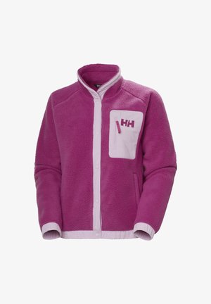 Fleece jacket in purple with a light pink front zipper and collar. Features a chest pocket with HH logo. Soft texture and button closures.