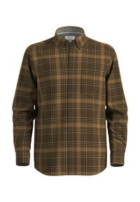 Bruine geruite shirt met een button-down kraag, lange mouwen en donkere knopen. Het materiaal lijkt zacht met een textuurpatroon.