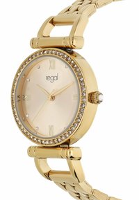 Goldene Armbanduhr mit kristallbesetzter Lünette, römischen Ziffern bei 3, 6, 9, 12 und einem Gliederarmband aus Metall.