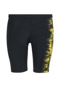 Shorts de bain noirs ajustés, présentant un design dégradé jaune sur le côté et des accents de logo. Fabriqués en matière lisse et extensible.