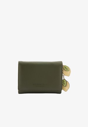 Olive green textured leather wallet with two lemon-shaped zipper pulls attached by gold chains, embossed with "Seidenfelt Manufaktur".