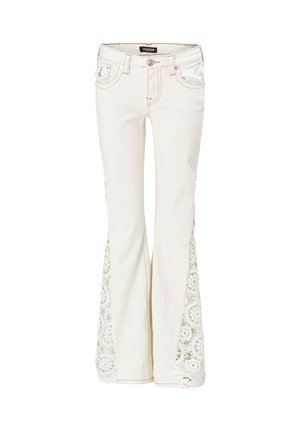 Roomwit flare-Jeans met voorzakken en kanten inzetstukken die langs de buitenkant van de benen omhoog lopen.