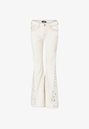 Roomwit flare-Jeans met voorzakken en kanten inzetstukken die langs de buitenkant van de benen omhoog lopen.