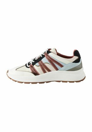 Sneakers met een witte leren bovenkant, roze en blauwe stoffen accenten, een zwarte hiel en patroonveters. Beschikt over een gestructureerde rubberen zool.