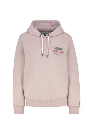 Hellrosa Kapuzenpullover aus weichem Stoff mit Kängurutasche, Kapuze mit Kordelzug und dem Schriftzug "STUFFED WITH LOVE" in dunklerem Druck.