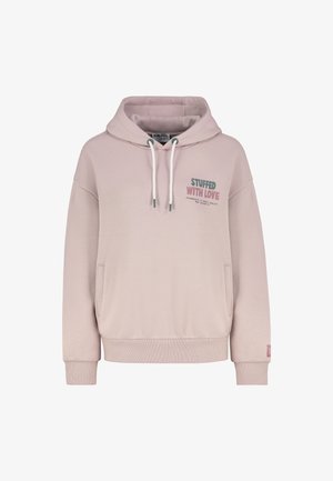 Lichtroze hoodie van zachte stof met een kangoeroezak, capuchon met trekkoorden en de tekst "STUFFED WITH LOVE" in een donkere opdruk.