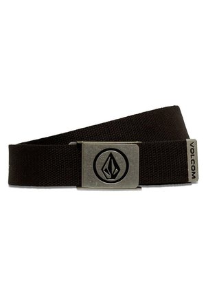 Black woven fabric belt with a silver metal clasp featuring a circular geometric logo and a small rectangular tag labeled "Volcom."