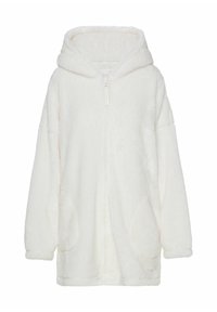 Cream-colored oversized hooded fleece jacket with a full zip, featuring large pockets and a soft, plush texture.