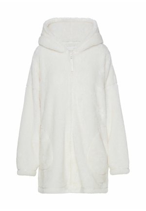 Cream-colored oversized hooded fleece jacket with a full zip, featuring large pockets and a soft, plush texture.