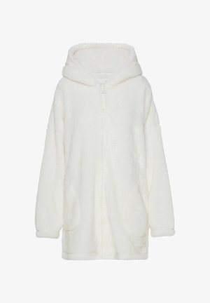 Cream-colored oversized hooded fleece jacket with a full zip, featuring large pockets and a soft, plush texture.