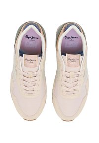 Light pink sneakers with mesh and suede material, round toe, and lace-up design. Features logo and contrasting blue and green accents.
