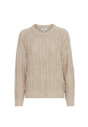 Beige gestrickter Pullover mit rundem Halsausschnitt, der ein strukturiertes Muster und kleine Perlenakzente für zusätzliche Details aufweist.