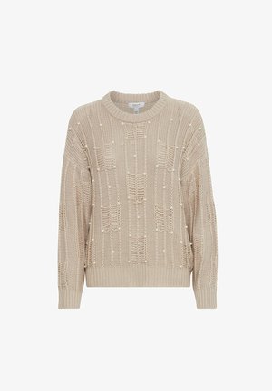 Béžový pletený svetr s kulatým výstřihem, který se pyšní strukturovaným vzorem a drobnými perlovými detaily pro zvýraznění.