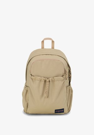Beige Rucksack aus strukturiertem Stoff, mit einer Fronttasche, seitlichen Netztaschen und einem Schlaufenhandgriff oben. Enthält verstellbare Träger.