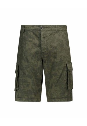 Pantaloncini cargo verdi con motivo floreale discreto, tasche laterali con pattina, passanti per cintura e chiusura frontale con bottoni.