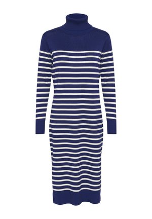Blau-weiß gestreiftes Strickkleid mit hohem Rollkragen, langen Ärmeln, tailliertem Schnitt und gerippter Textur an den Bündchen und am Saum.