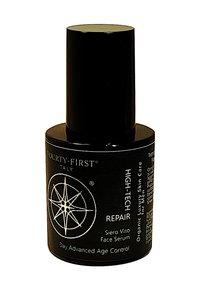 Zwarte cilindervormige fles met een matte afwerking en een glanzende dop. Bevat witte tekst en een cirkelvormig geometrisch ontwerp aan de voorkant.