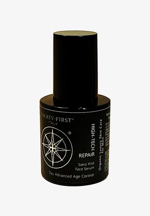 Schwarze zylindrische Flasche mit matter Oberfläche und glänzendem Deckel. Enthält weißen Text und ein kreisförmiges geometrisches Design auf der Vorderseite.