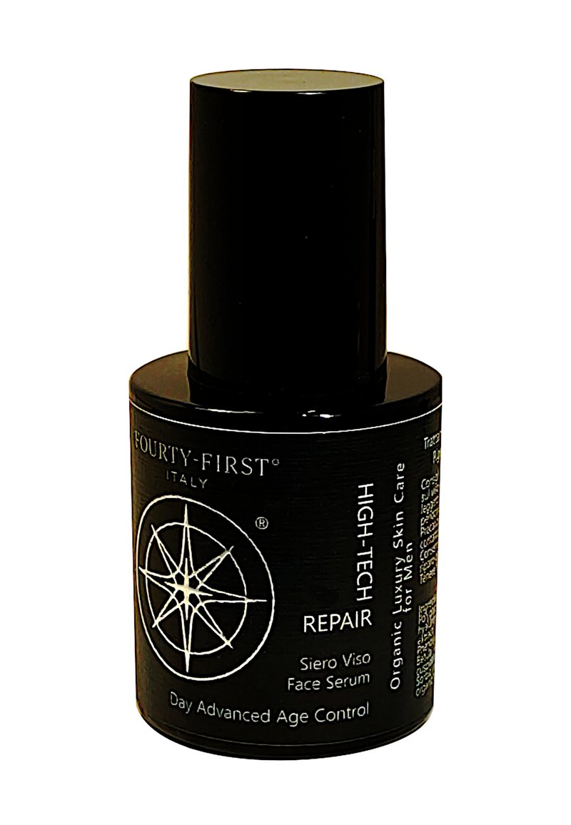 Zwarte cilindervormige fles met een matte afwerking en een glanzende dop. Bevat witte tekst en een cirkelvormig geometrisch ontwerp aan de voorkant.