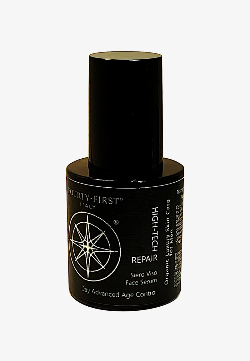 Zwarte cilindervormige fles met een matte afwerking en een glanzende dop. Bevat witte tekst en een cirkelvormig geometrisch ontwerp aan de voorkant.