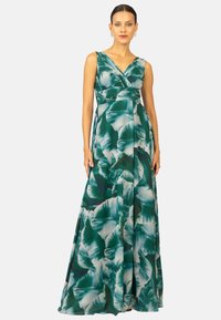 Langes V-Neck-Kleid aus leichtem Stoff mit einem türkis-weißen Blumenmuster, tailliertem Schnitt und fließendem Rock.