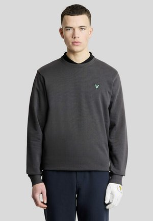 Ung mand iført en mørkegrå sweatshirt og mørkeblå bukser, med en hvid golfhandske på højre hånd, står mod en ensfarvet baggrund.
