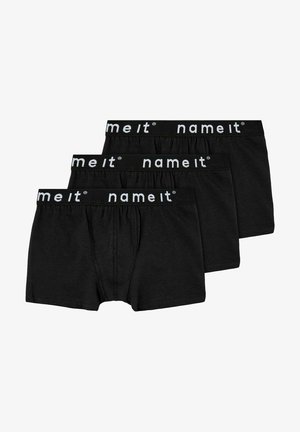 Fekete pamut boxer alsók háromdarabos csomagban, fehér logós derékkal, amely szűk szabású, sima tapintású és látható minták nélkül.