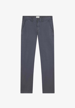 Chinos da uomo grigio scuro realizzati in tessuto misto cotone. Presentano una chiusura con zip, tasche laterali e un taglio dritto. Nessun motivo o dettaglio visibile.