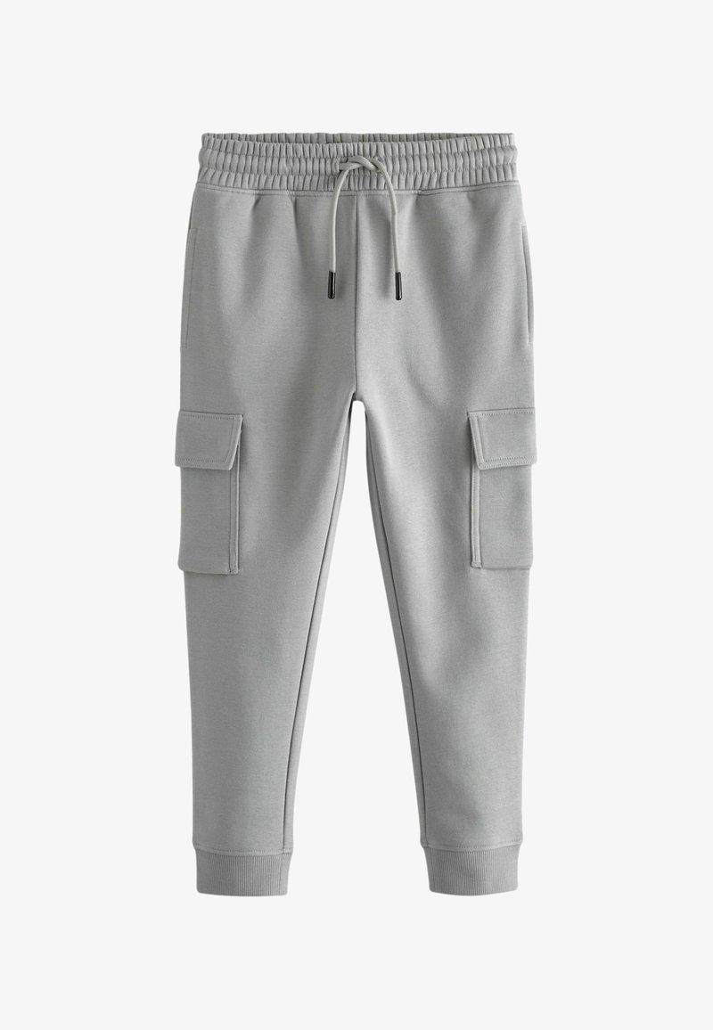 Graue Sweatpants aus einem weichen Material. Mit einem elastischen Bund mit Kordelzug, Seitentaschen und gerippten Knöchelabschlüssen.