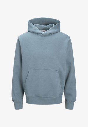Sweatshirt met capuchon in zachtblauwe stof, voorzien van een voorzak, geribbelde manchetten en een ontspannen pasvorm. Eenvoudig ontwerp zonder patronen of accenten.
